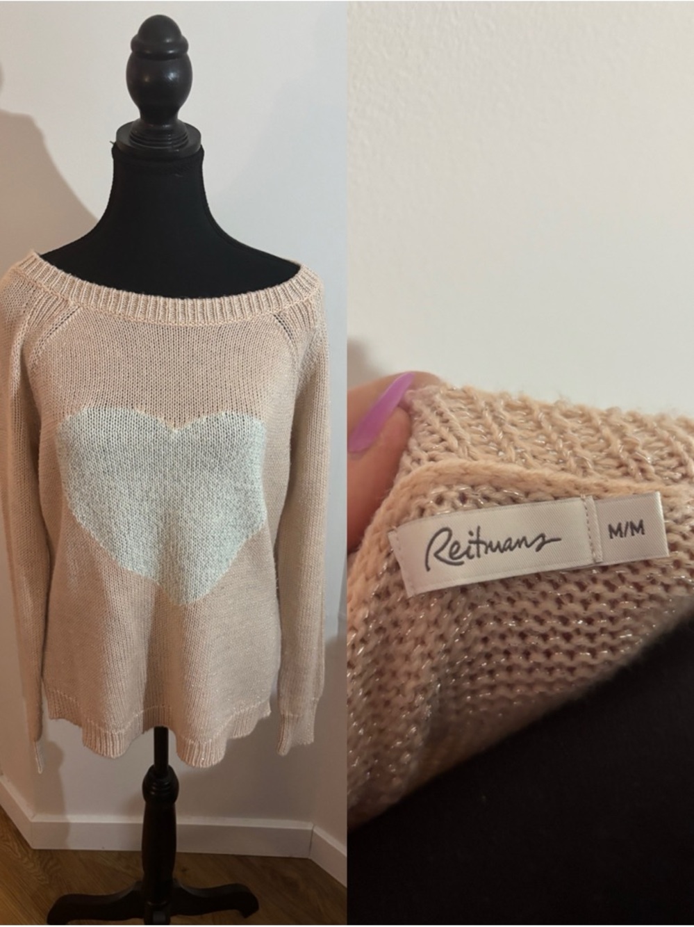 Reitmans Cream-Pink Off-Shoulder Heart Sweater